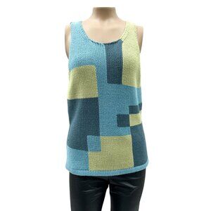 Brooks Brothers Womens Tank Top Knit Color Block Blue Green Cotton Blend Retro M